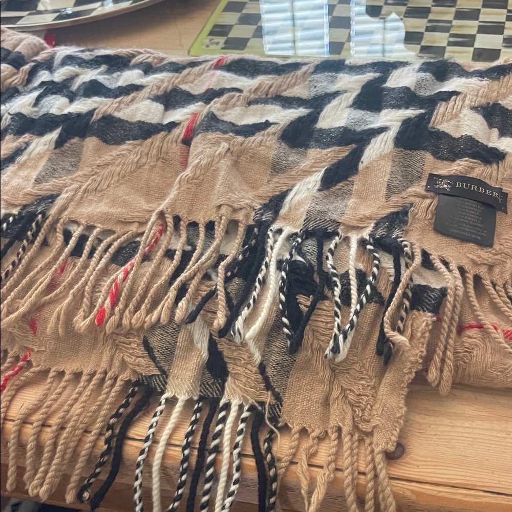 Burberry Beige Black Check Cashmere Scarf with Red Accents